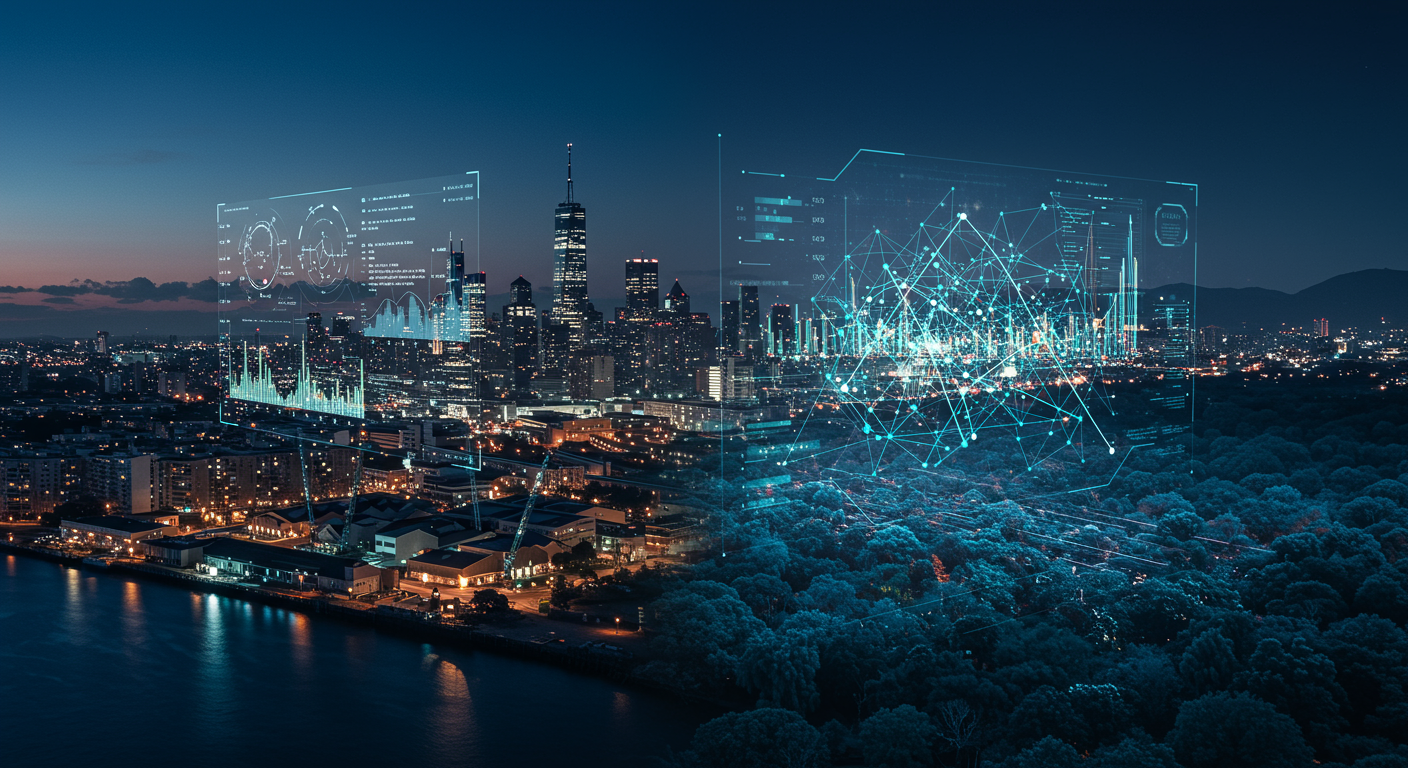 Conceptual image showing a glowing digital simulation model intricately overlaid onto a photorealistic cityscape, symbolizing the close relationship between predictive models and real-world systems.