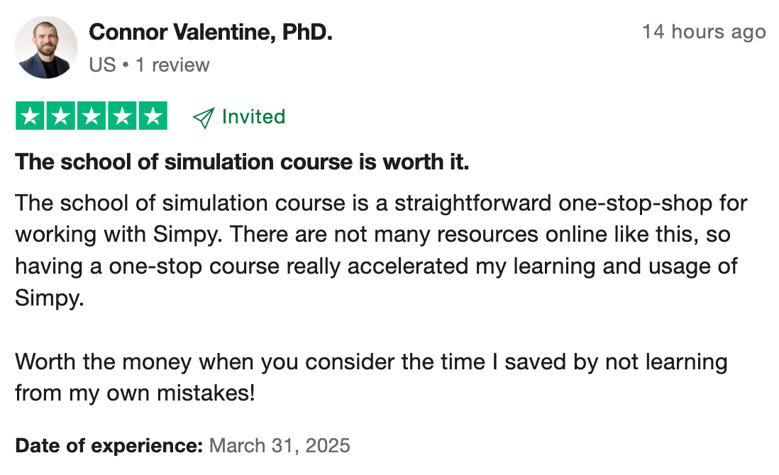 Trustpilot review from Connor praising the SimPy bootcamp