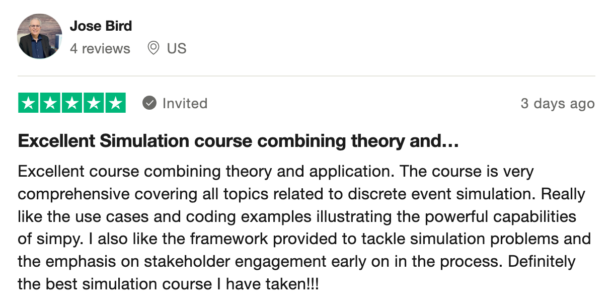 Trustpilot review from Jose highlighting the quality of the course